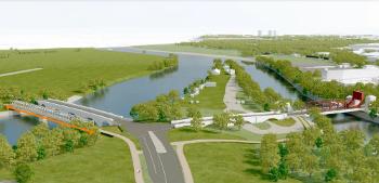 Aerial artist impression of the A8 junction and Black Cart Pedestrian and Cycle Bridge, part of the Glasgow Airport Investment Area project