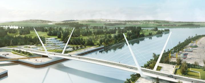 River Clyde bridge aerial view Artist impression of River Clyde bridge at Renfrew as part of Clyde Waterfront project