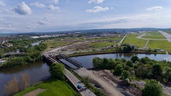 Aerial image of pedestrian and cycle bridge over the Black Cart river