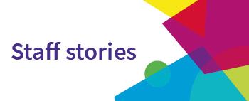 Staff stories text beside multi coloured geometric shapes on a white background