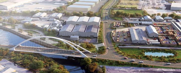 Artist impression of a new road bridge over the White Cart and a new road, walking and cycling route connecting to Renfrew Road Artist impression of a new road bridge over the White Cart and a new road, walking and cycling route connecting to Renfrew Road
