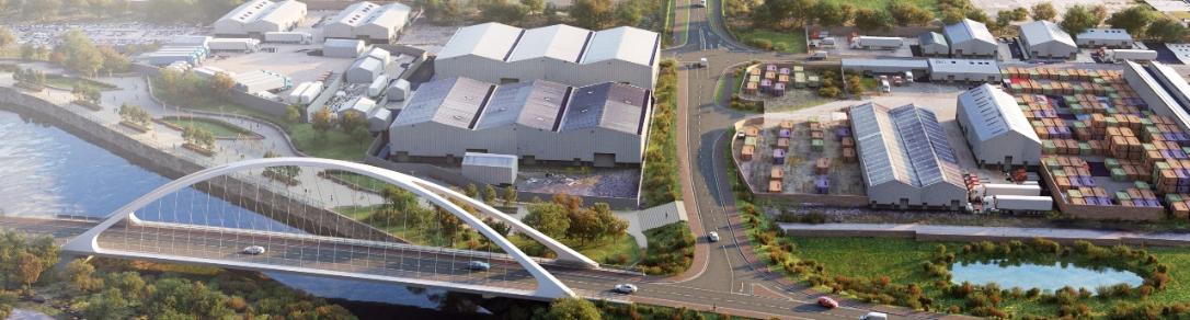 Artist impression of a new road bridge over the White Cart and a new road, walking and cycling route connecting to Renfrew Road Artist impression of a new road bridge over the White Cart and a new road, walking and cycling route connecting to Renfrew Road