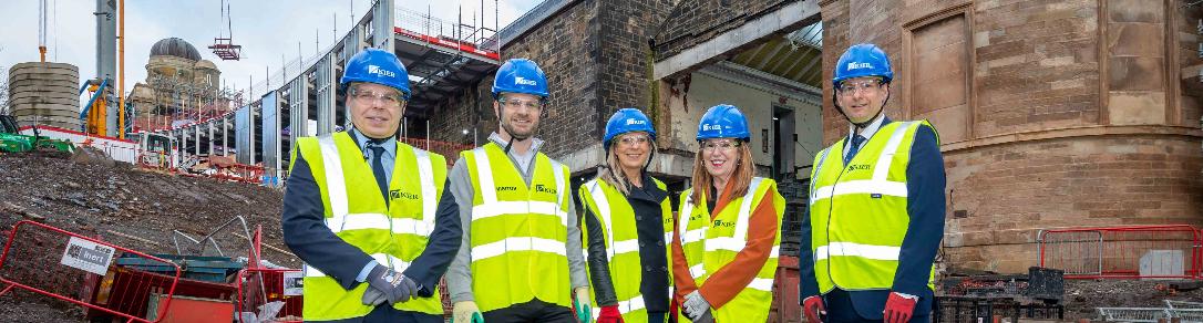Paisley Museum Reimagined corporate fundraising launch Paisley Museum Reimagined corporate fundraising launch - representatives of Renfrewshire CHamber of Commerce, Coats PLC and Paisley Museum Reimagined standing outside the new entrance to the museum building, with construction visible in the background