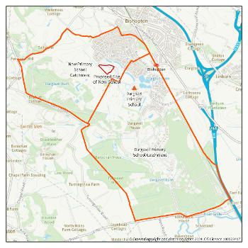 Map showing proposed catchment areas for the current and proposed primary schools in Dargavel