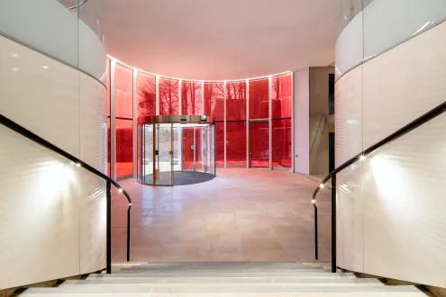 Inside new welcome foyer, looking back towards the entrance