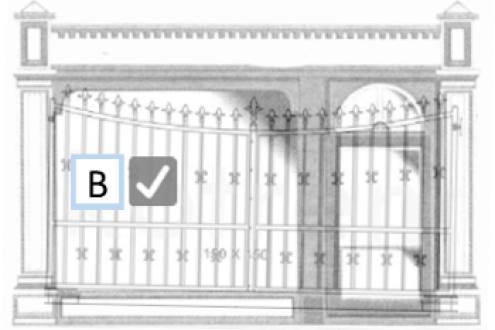 Decorative metal shopfront gate with vertical bars and ornamental details within a framed opening.