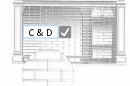 Brick-patterned security shutter within a framed opening, with a circular inset showing close-up detail; a “C & D” label and check mark indicate this shutter style is compliant.