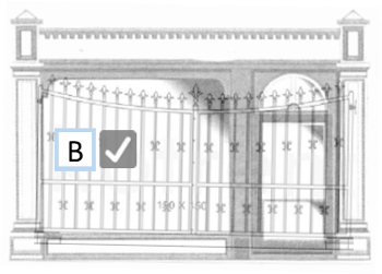 Decorative metal shopfront gate with vertical bars and ornamental details within a framed opening.