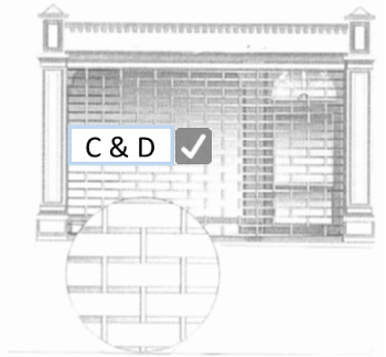 Brick-patterned security shutter within a framed opening, with a circular inset showing close-up detail; a “C & D” label and check mark indicate this shutter style is compliant.