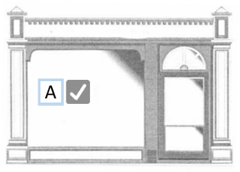 Shopfront with large glazed display window and a side entrance door under an arched frame.