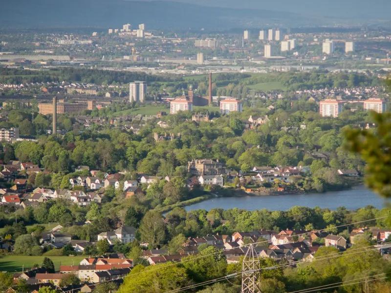 Aerial view of Paisley landscape from Gleniffer Braes