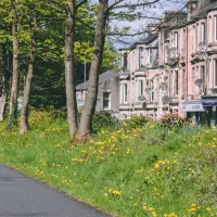 Walking path beside trees and grass with a row of houses behind them in Bridge of Weir.
