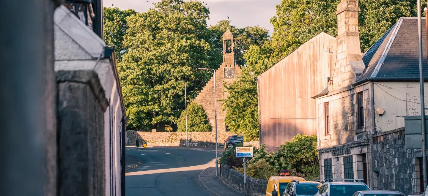 Auld Simon church and the High Street in Lochwinnoch town centre