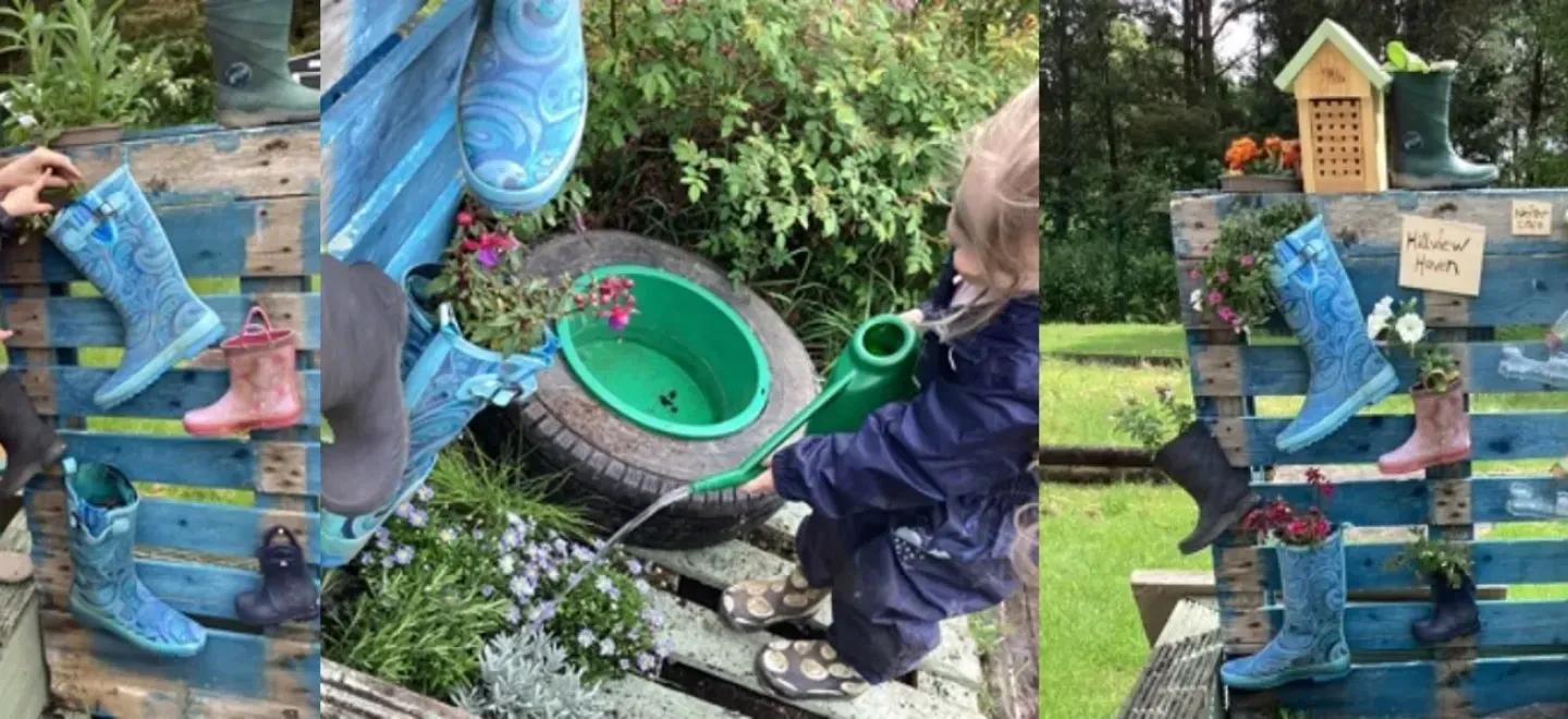 Adults and children making a pocket garden.