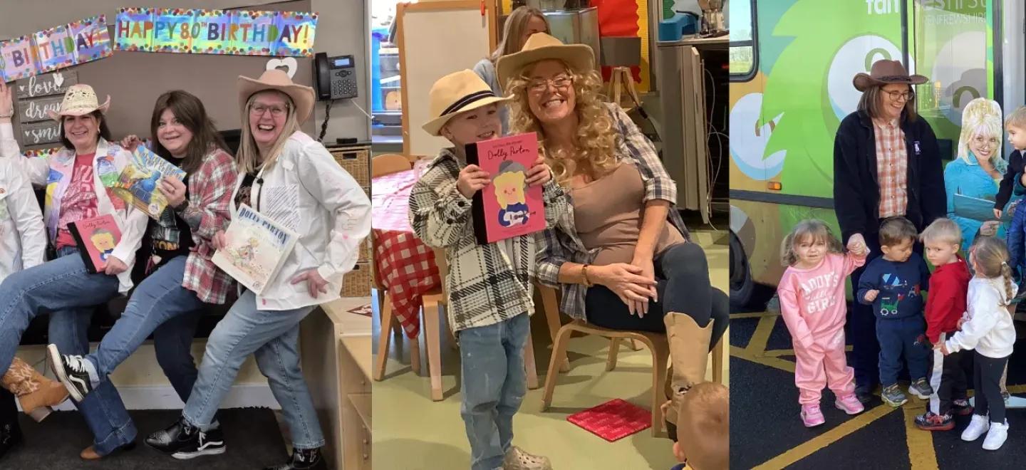 People with books in their hands wearing cowboy hats and posing beside a Dolly Parton cardboard cut-out.